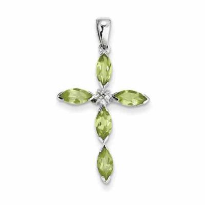 Marquis Peridot and Diamond Cross Pendant in Sterling Silver -  - QGCR-QDX813
