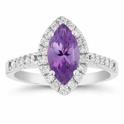 Marquise Cut Amethyst and Diamond Halo Ring, 14K White Gold -  - AOGRG-125-AM