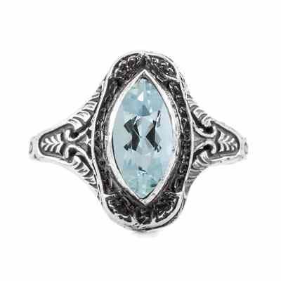 Marquise Cut Aquamarine Art Deco Style Ring in Sterling Silver -  - HGO-MQ003AQSS
