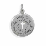 Matthew 19:26 Christian Cross Medallion Necklace in Sterling Silver