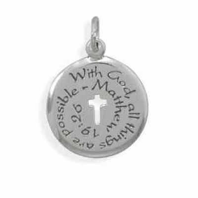 Matthew 19:26 Christian Cross Medallion Necklace in Sterling Silver -  - MMACR-74055