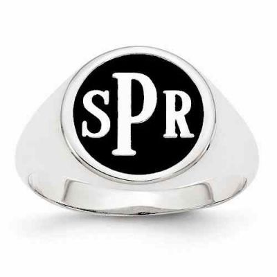 Men s Enameled Monogram Signet Ring, Sterling Silver -  - QGRG-XNR44SS