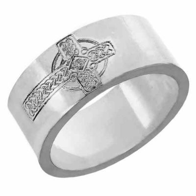 Men s Engraved Celtic Cross Wedding Band Ring, 14K White Gold -  - CELTIC-12W