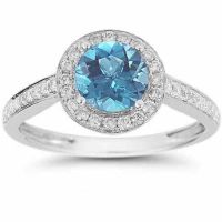 Modern Halo Blue Topaz Diamond Ring in 14K White Gold