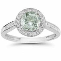 Modern Halo Green Amethyst Diamond Ring in 14K White Gold