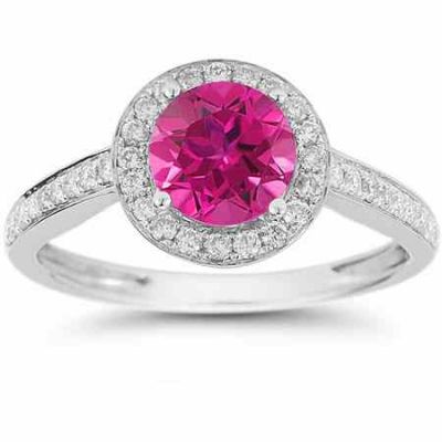 Modern Halo Pink Topaz Diamond Ring in 14K White Gold -  - RXP-DR-21589PT