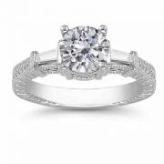 Round and Baguette CZ Engraved Engagement Ring, 14K White Gold