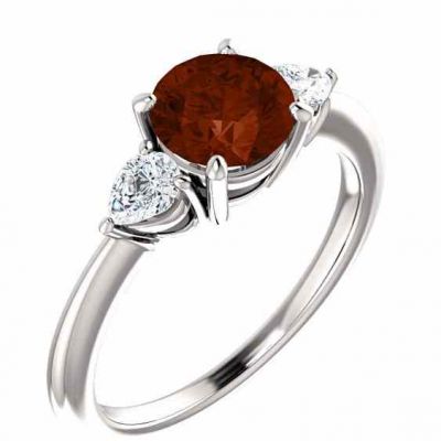 Mozambique Garnet and Pear-Shaped Diamond Three-Stone Ring -  - STLRG-122924RDGT
