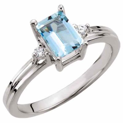 Octagon Faceted Aquamarine and Diamond Ring in 14K White Gold -  - STLRG-67684
