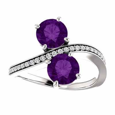 Only Us  2 Stone Amethyst Ring with Diamond Accents in 14K White Gold -  - STLRG-71779AMDW