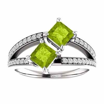 Only Us  4.5mm Peridot and CZ Two Stone Ring in Sterling Silver -  - STLRG-122934PDCZSS