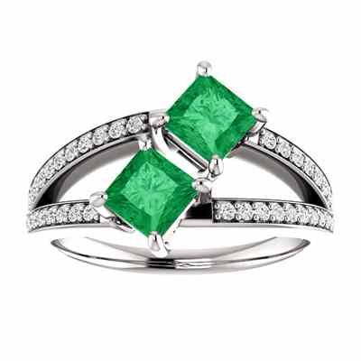 Only Us  4.5mm Princess Cut Emerald/Diamond Two Stone Ring White Gold -  - STLRG-122934EMDW