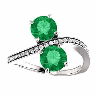 Only Us  Emerald and Diamond Two Stone Ring in 14K White Gold -  - STLRG-71779EMDW