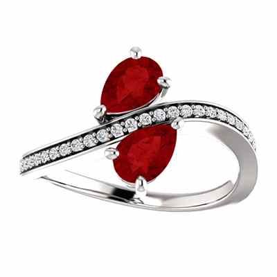 Only Us  Pear Cut Ruby and Diamond Two Stone Ring in 14K White Gold -  - STLRG-71779OVRBDW