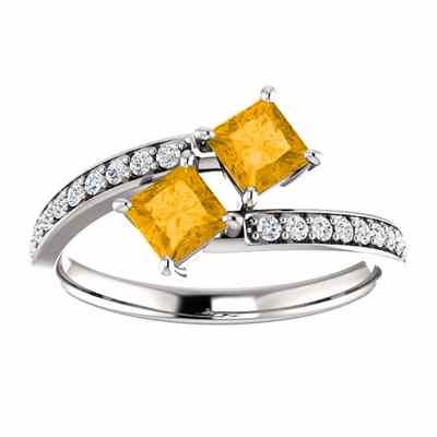 Only Us  Princess Cut Citrine and Diamond 2 Stone Ring 14K White Gold -  - STLRG-122933CTDW