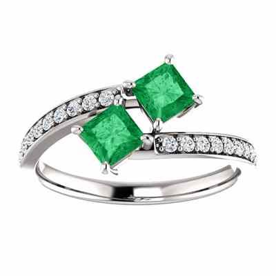 Only Us  Princess Cut Emerald/Diamond Two Stone Ring 14K White Gold -  - STLRG-122933EMDW