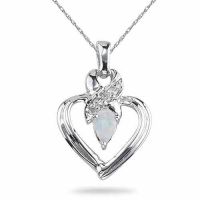 Opal and Diamond Heart Pendant, 14K White Gold