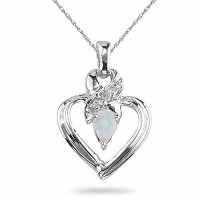 Opal and Diamond Heart Pendant, 14K White Gold -  - SK-GHP-2