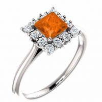 Poppy-Orange Topaz Diamond Halo Ring, 14K White Gold