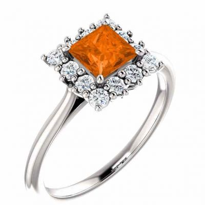 Poppy-Orange Topaz Diamond Halo Ring, 14K White Gold -  - STLRG-71606OT