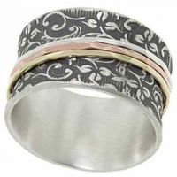Organic Leaf Imprint Spinner Ring in Sterling Silver and 14K Gold