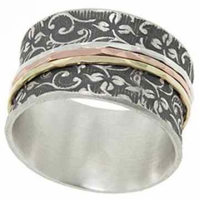 Organic Leaf Imprint Spinner Ring in Sterling Silver and 14K Gold -  - DT-R14105