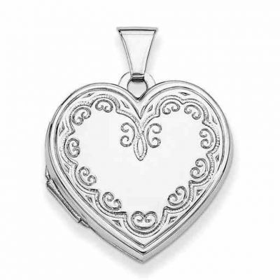 Ornate Engraved Heart Locket Pendant Necklace, Sterling Silver -  - QGPD-QLS43