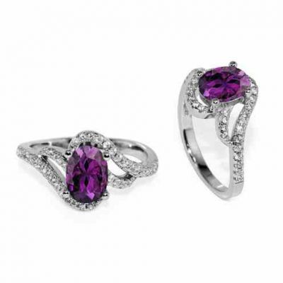 Oval Amethyst and White CZ Ring in Silver -  - NRB-7129-AMA-CZWH-R