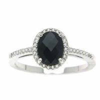 Oval Black Onyx and Diamond Halo Ring in Sterling Silver