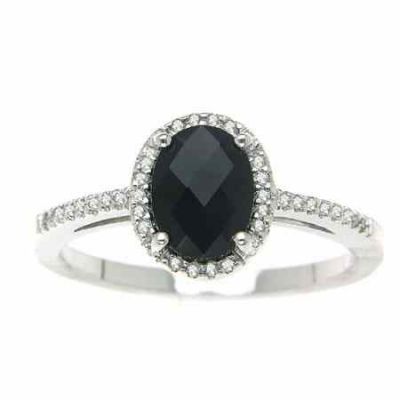 Oval Black Onyx and Diamond Halo Ring in Sterling Silver -  - MK-RB2983AOND