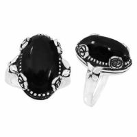 Oval Black Onyx Ring with Rose in Silver