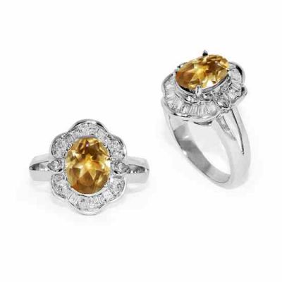 Oval Citrine and Pear-Shaped Silver CZ Ring -  - NRB-7110-CIT-CZWH-R