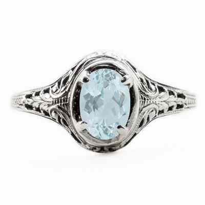 Oval Cut Aquamarine Art Nouveau Style Sterling Silver Ring -  - HGO-OV037AQSS