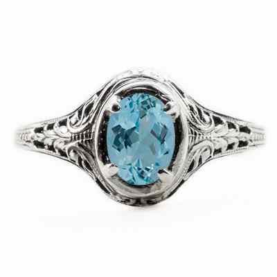 Oval Cut Blue Topaz Art Nouveau Style 14K White Gold Ring -  - HGO-OV037BTW