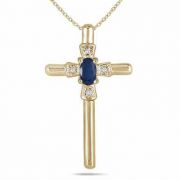 Oval-Cut Sapphire and Diamond Cross Pendant in 10K Yellow Gold