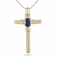 Oval-Cut Sapphire and Diamond Cross Pendant in 10K Yellow Gold