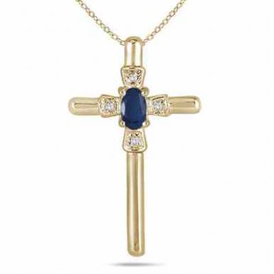 Oval-Cut Sapphire and Diamond Cross Pendant in 10K Yellow Gold -  - PRP4654SP