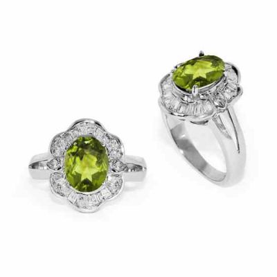 Oval Peridot and Pear-Shaped Silver CZ Ring -  - NRB-7110-PER-CZWH-R