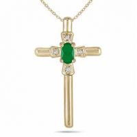 Oval-Shaped Emerald and Diamond Cross Necklace in 10K Yellow Gold
