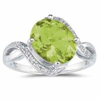 Oval-Shaped Peridot and Diamond Curve Ring, 10K White Gold