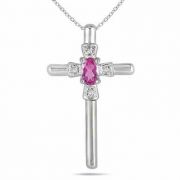Oval-Shaped Pink Sapphire and Diamond Cross Pendant in 10K White Gold