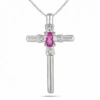 Oval-Shaped Pink Sapphire and Diamond Cross Pendant in 10K White Gold