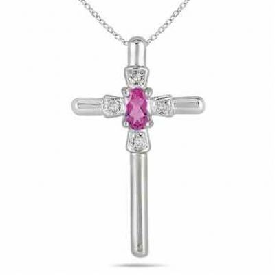 Oval-Shaped Pink Sapphire and Diamond Cross Pendant in 10K White Gold -  - PRP4655PS