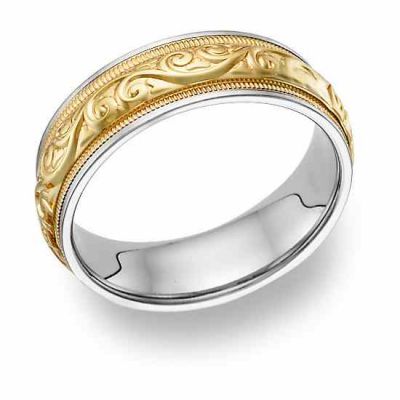 Paisley-Etched Wedding Band Ring - 14K Two-Tone Gold -  - WB-143-WY