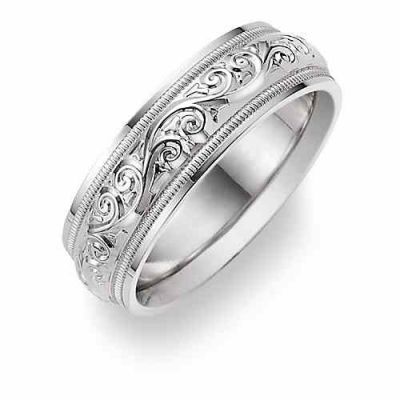 Paisley Etched White Gold Wedding Band Ring -  - WB-143