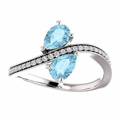 Pear Cut Aquamarine and CZ Two Stone Ring in Sterling Silver -  - STLRG-71779OVAQSS