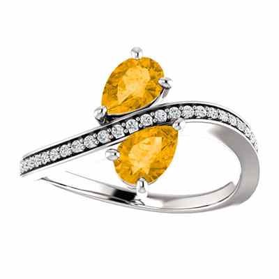 Pear Cut Citrine and CZ Two Stone Ring in Sterling Silver -  - STLRG-71779OVDTSS
