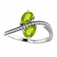 Pear Cut Peridot and Diamond Two Stone Ring in 14K White Gold