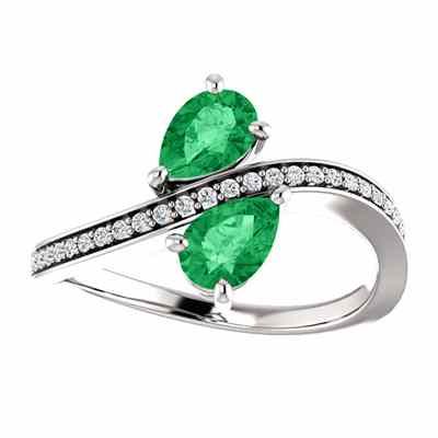 Pear Shaped Emerald and Diamond  Only Us  2 Stone Ring 14K White Gold -  - STLRG-71779OVEMDW