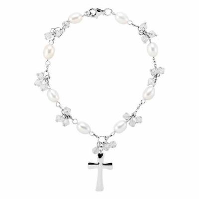 Pearl and Cross Bridesmaid Bracelet, Sterling Silver -  - STLBR-R48074